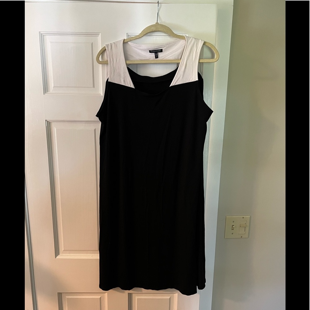 Eileen Fisher Black Cream Sleeveless Rayon Dress Size XL